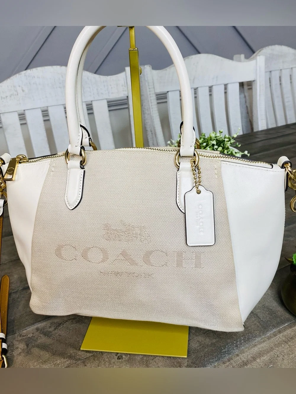 COACH Elise Satchel Horse & Carriage Jacquard Canvas White Leather Crossbody Bag